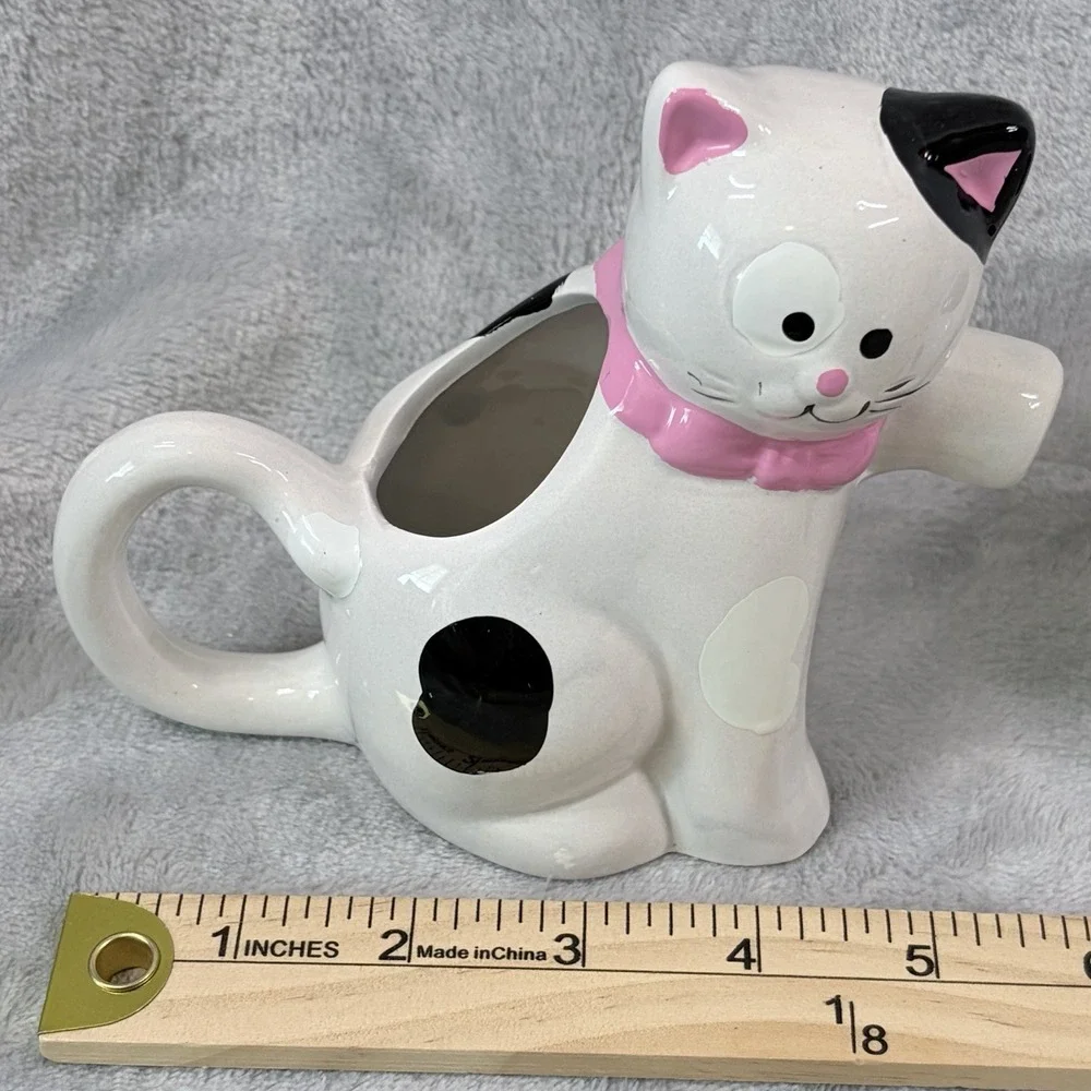 Vintage Ceramic Cat Creamer & Sugar Bowl Set Pink Bow Kitty Kitsch Kitchen Decor